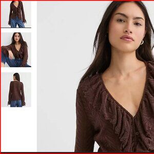 Pointelle Ruffle Tie Cuff Top XL NWT